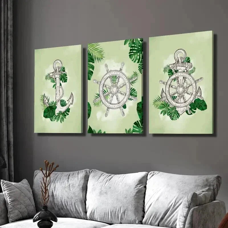 3pcs Helm and Anchor on Plant Leaves Wall Art Set Canvas Framed 40x60cm - High Quality Print 100% Australian Made Wall Canvas Ready to Hang