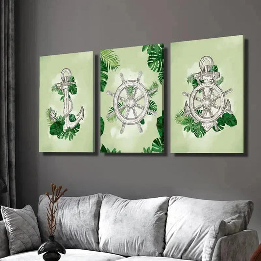 3pcs Helm and Anchor on Plant Leaves Wall Art Set Canvas Framed 40x60cm - High Quality Print 100% Australian Made Wall Canvas Ready to Hang