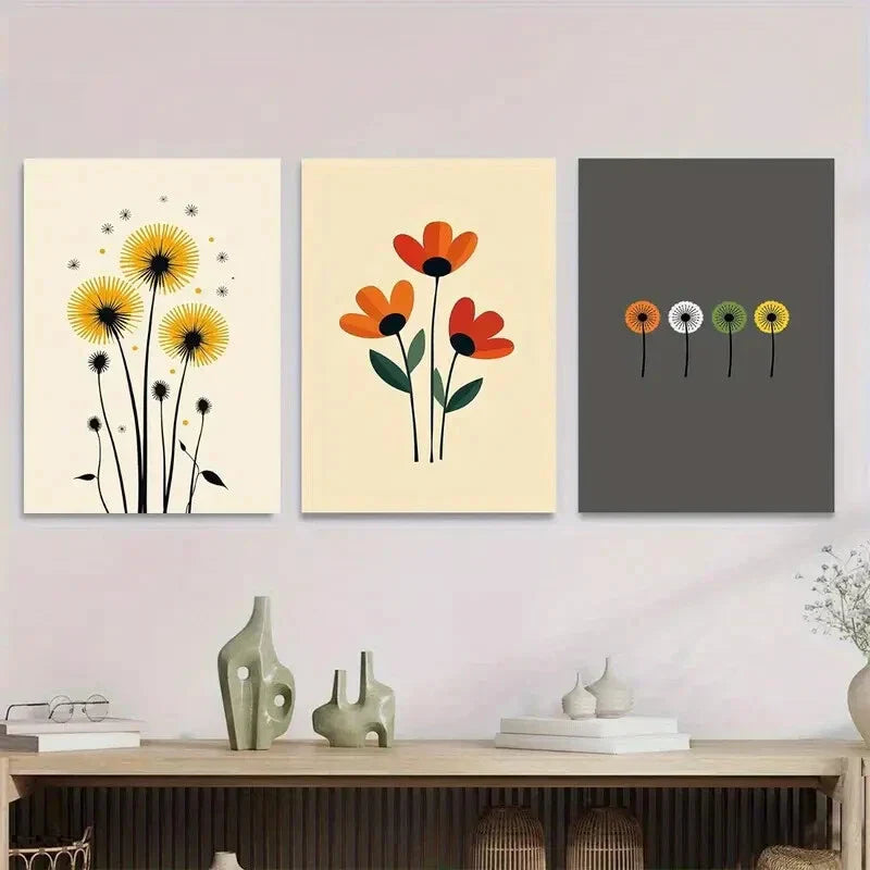3pcs Vibrant Floral & Dandelion Beige, Red Wall Art Set Canvas Framed 40x60cm - High Quality Print 100% Australian Made Wall Canvas Ready to Hang
