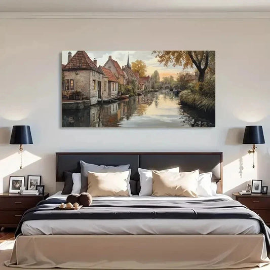 Autumn Canal Houses Peaceful Wall Art Canvas Office Home Room Framed 120x60cm
