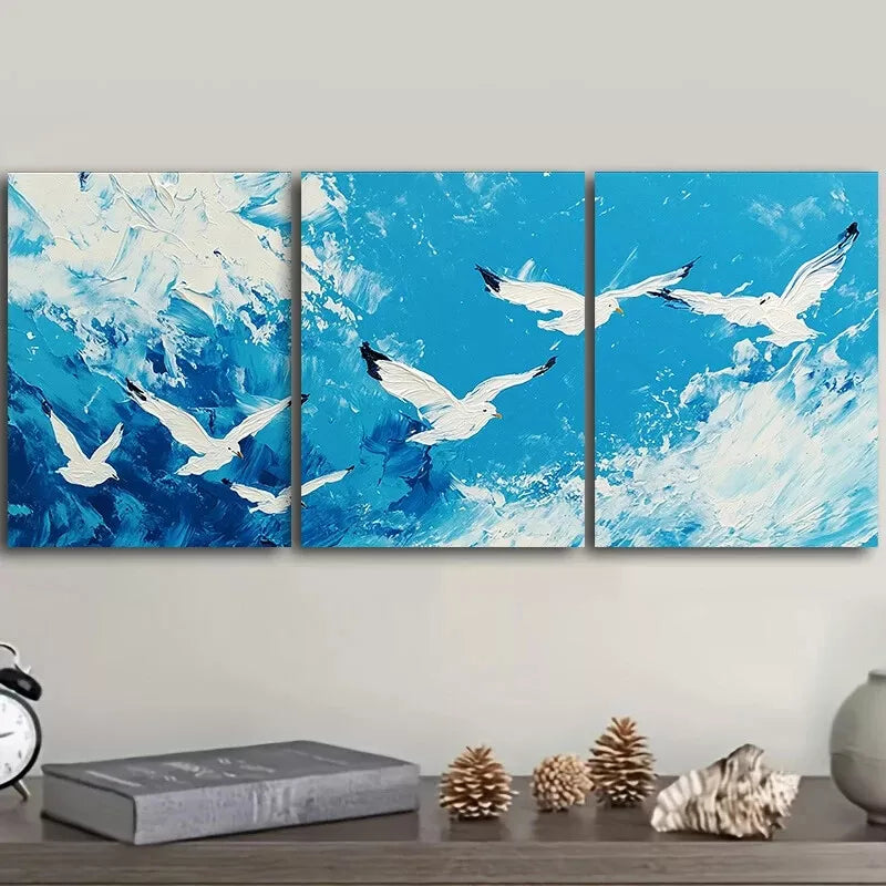 3pcs White Seagulls Birds Nature Sky   Wall Art Set Canvas Framed 40x60cm - High Quality Print 100% Australian Made Wall Canvas Ready to Hang