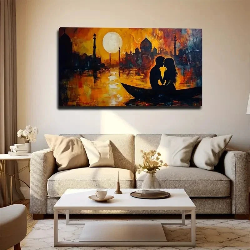 Sunset Boat Couple Wall Art Canvas Office Home Room Framed 80x45cm