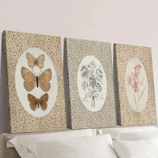 3pcs  Vintage butterfly art, antique pink flower Wall Art Set Canvas Framed 40x60cm - High Quality Print 100% Australian Made Wall Canvas Ready to Hang