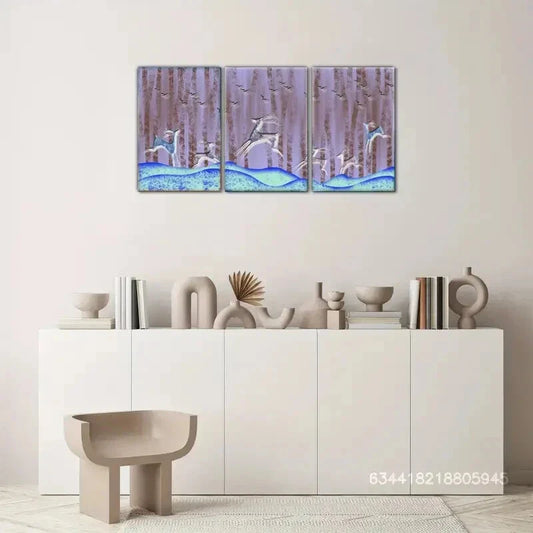 3pcs Sika Deer & Flying Birds in Forest Scene, Metal Print Ready to Hang Art