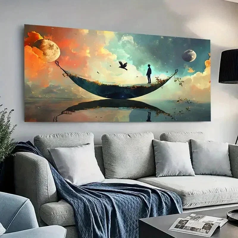 Swing Scene Planets Stars wall canvas office home room framed 120x60cm