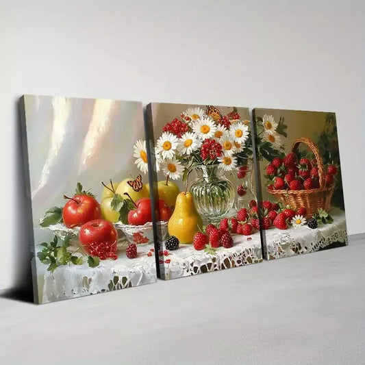 3pcs Vibrant Fruits, Flowers & Butterflies Table Wall Art Set Canvas Framed 40x60cm - High Quality Print 100% Australian Made Wall Canvas Ready to Hang