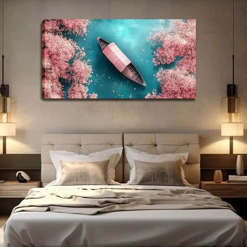 Serene Pink Blossom Trees Boat Wall Art Canvas Office Home Room Framed 120x60cm