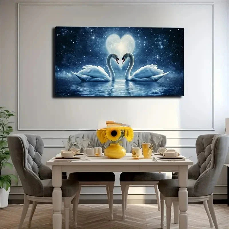 Romantic Swan & Moon Night Wall Art Canvas Office Home Room Framed 120x60cm