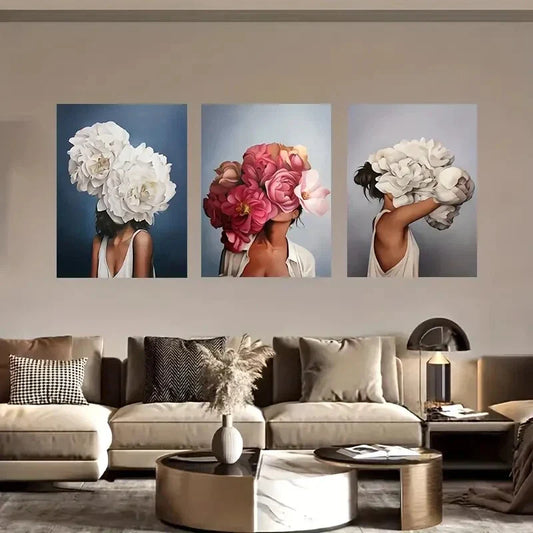 3pcs Unique Creative Head Flower Women Metal Print Ready to Hang Art