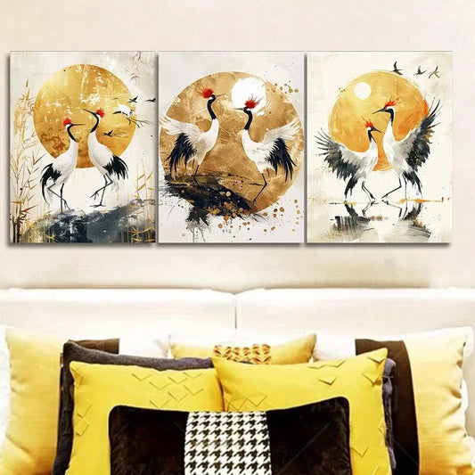 3pcs Golden Cranes Modern Contemporary Style  Wall Art Set Canvas Framed 40x60cm - High Quality Print 100% Australian Made Wall Canvas Ready to Hang