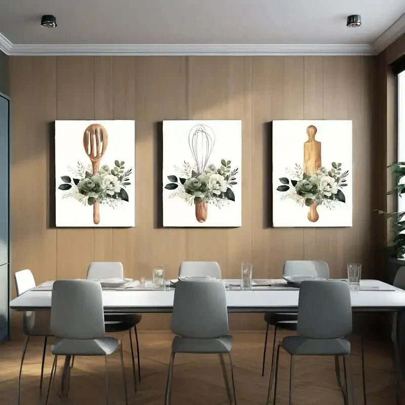 3pcs  Green Watercolor Floral & Kitchenware Metal Print Ready to Hang Art