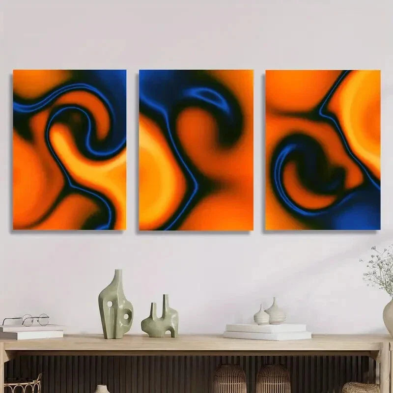 3pcs Orange &amp; Blue Dynamic Line Drawing Metal Print Ready to Hang Art