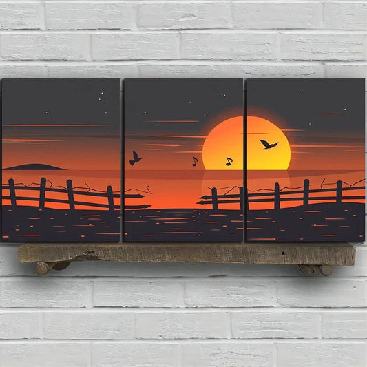 3pcs Sunset Silhouette Fence Ocean and Birds Metal Print Ready to Hang Art