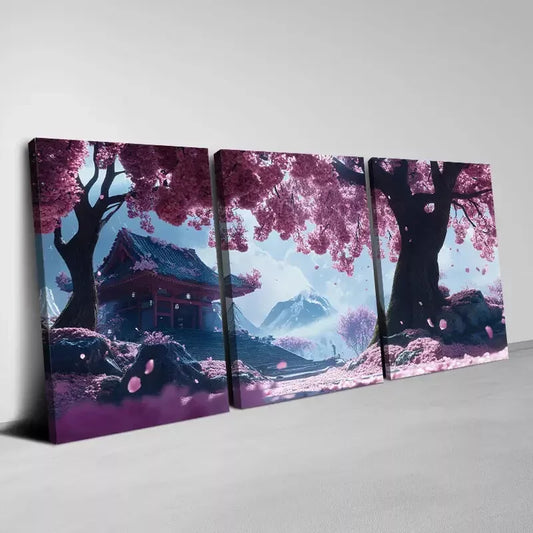 3pcs Serene Cherry Blossom & Buildings Wall Art Set Canvas Framed  40x60cm - High Quality Print 100% Australian Made Wall Canvas Ready to Hang