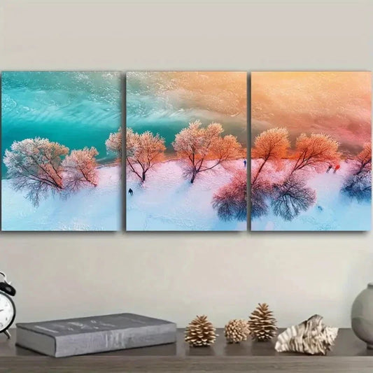 3pcs Winter Beach Triptych Colorful Sky, Coastal Metal Print Ready to Hang Art