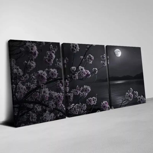 3pcs Floral Bliss by the Lake & Moon View Wall Art Set Canvas Framed 40x60cm - High Quality Print 100% Australian Made Wall Canvas Ready to Hang