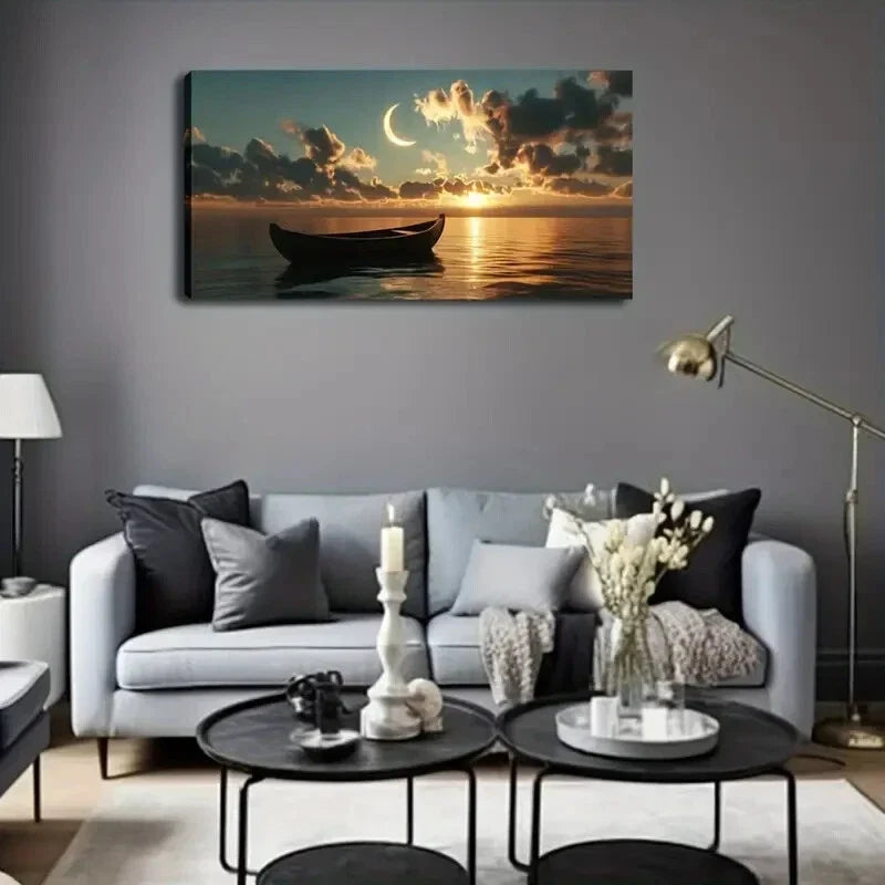Moonlit Boat And Ocean Scene Wall Art Canvas Office Home Room Framed 120x60cm