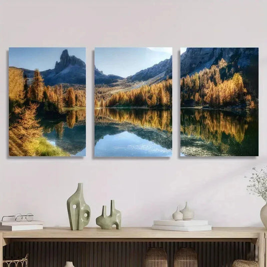 3pcs Fantastic blue lake with high mountains Metal Print Ready to Hang Art