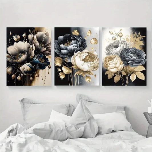 3pcs Roses, White, Golden, and Black Rose Bouquet Metal Print Ready to Hang Art