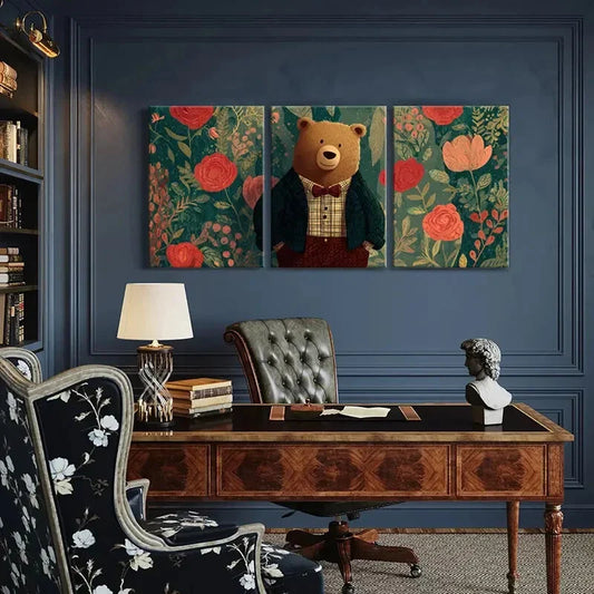 3pcs Elegant Bear In Suit Floral Background Metal Print Ready to Hang Art