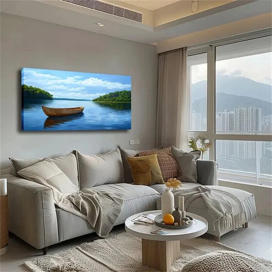 Serene Lake And Rowboat Scene Wall Art Canvas Office Home Room Framed 120x60cm