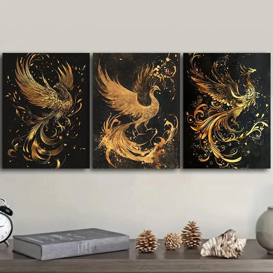 3pcs   The black and gold phoenix  Metal Print Ready to Hang Art
