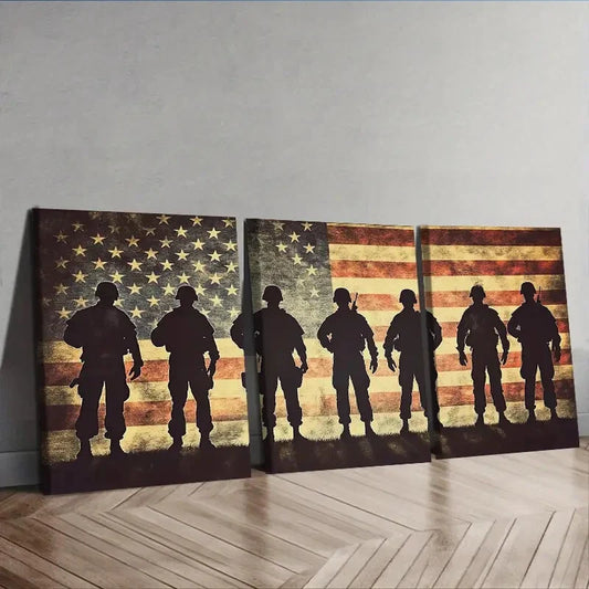 3pcs Soldiers in front of the American flag  Wall Art Set Canvas Framed 40x60cm - High Quality Print 100% Australian Made Wall Canvas Ready to Hang