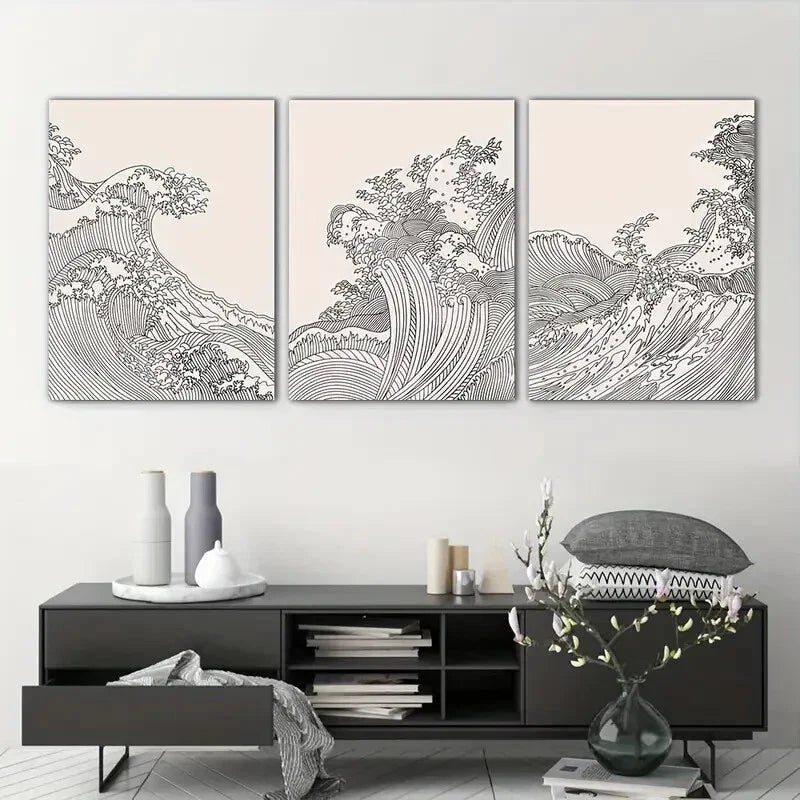 3pcs  Modern Ocean Wave Line  Metal Print Ready to Hang Art