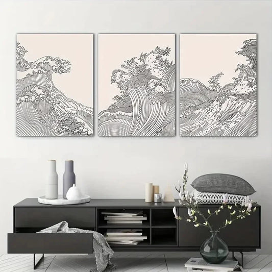 3pcs  Modern Ocean Wave Line  Metal Print Ready to Hang Art