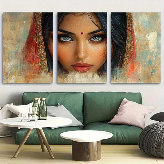 3pcs Traditional South Asian Woman Portrait Metal Print Ready to Hang Art
