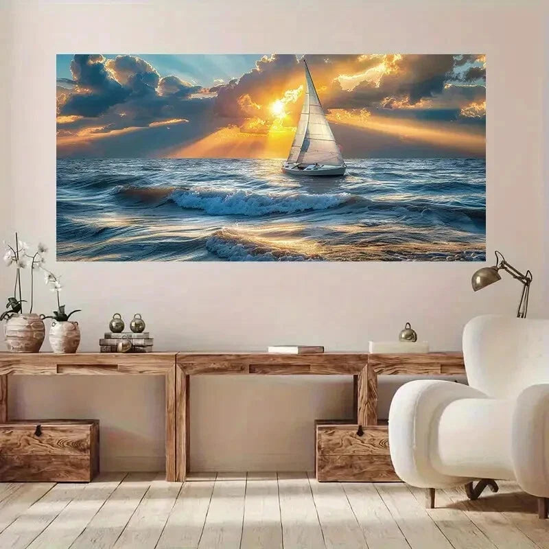 Golden Sunset Ocean Waves wall canvas office home room framed 120x60cm