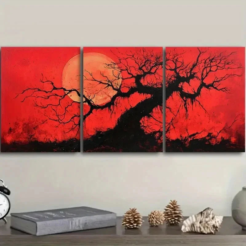 3pcs The Red Sun Tree, Luxurious Metal Print Ready to Hang Art