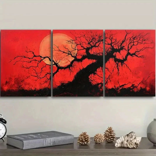 3pcs The Red Sun Tree, Luxurious Metal Print Ready to Hang Art