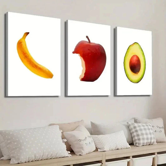 3pcs Simple Fruit Banana Avocado & Apple Wall Art Set Canvas Framed 40x60cm - High Quality Print 100% Australian Made Wall Canvas Ready to Hang