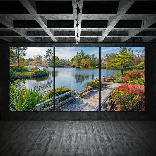 3pcs A Picturesque Scene of Japanese Style Gardens Metal Print Ready to Hang Art
