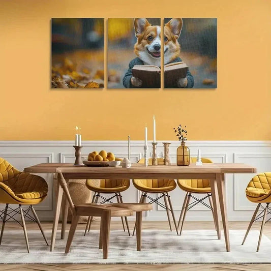 3pcs Corgi Dog in Suit Holding Book Metal Print Ready to Hang Art