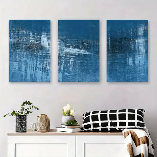 3pcs Modern Abstract Blue and Black Brushstroke Metal Print Ready to Hang Art