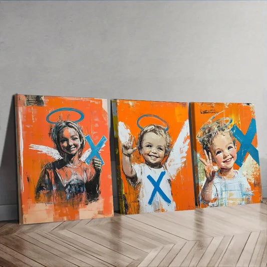 3pcs Abstract Angel Trio, Orange & Blue Accent Wall Art Set Canvas Framed 40x60cm - High Quality Print 100% Australian Made Wall Canvas Ready to Hang