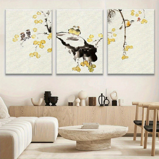 3pcs Small Yellow Fruits on Branches Metal Print Ready to Hang Art