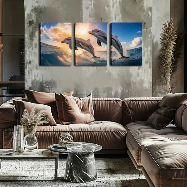 3pcs Two Dream Dolphins Wall Art Set Canvas Framed 60x90cm - High Quality Print 100% Australian Made Wall Canvas Ready to Hang