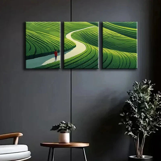 3pcs Triptych Green Landscape Rolled Nature Wall Art Set Canvas Framed 40x60cm - High Quality Print 100% Australian Made Wall Canvas Ready to Hang