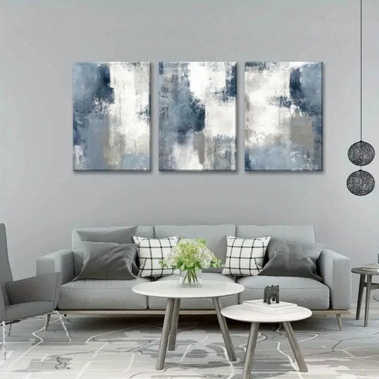 3pcs Abstract Navy Blue Grey Modern Neutral Metal Print Ready to Hang Art