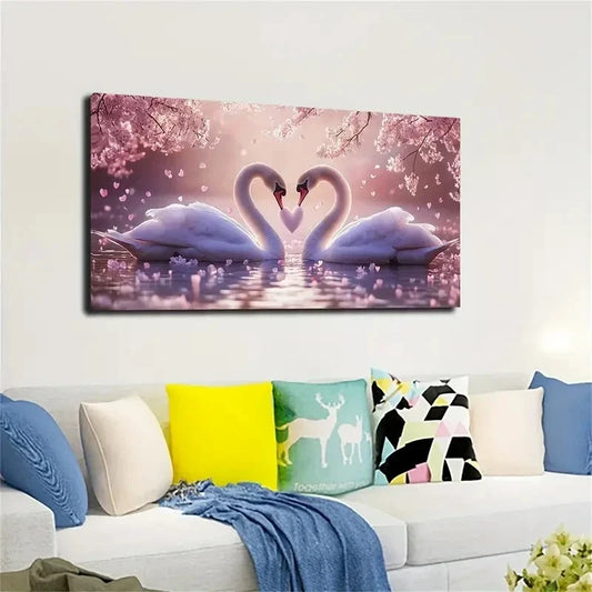 Swans & Cherry Blossoms Wall Art canvas office home room framed 120x60cm