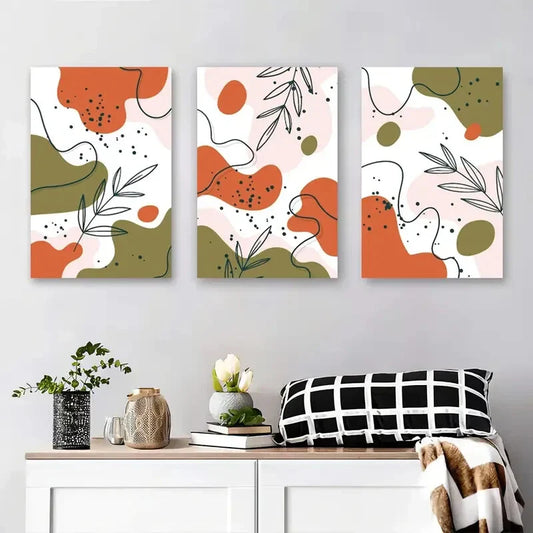 3pcs Vibrant Leaf & Dot Patterns in Green, Orange Metal Print Ready to Hang Art