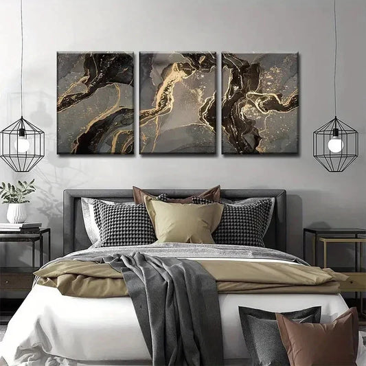 3pcs  Abstract Black and Gold  Metal Print Ready to Hang Art
