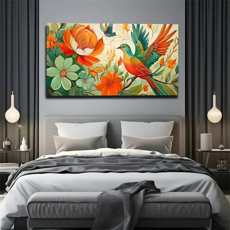 Vibrant Floral And Bird Harmony Wall Art Canvas Office Home Room Framed 120x60cm