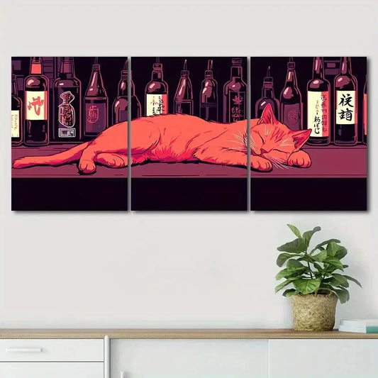 3pcs Peaceful Adorable Cat Cute Bar Perfect Wall Art Set Canvas Framed 40x60cm - High Quality Print 100% Australian Made Wall Canvas Ready to Hang