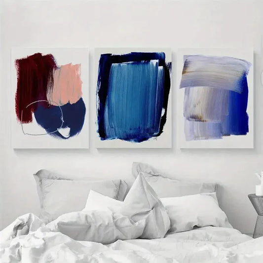 3pcs Modern Abstract Blue and Black Minimalist Metal Print Ready to Hang Art