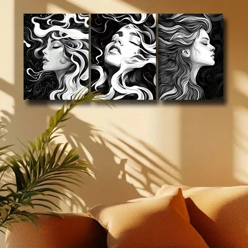 3pcs Modern Black and White Woman Design Metal Print Ready to Hang Art