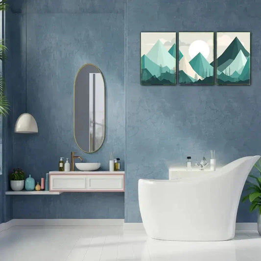 3pcs Mountains Landscape Mural Blue Green Abstract Metal Print Ready to Hang Art